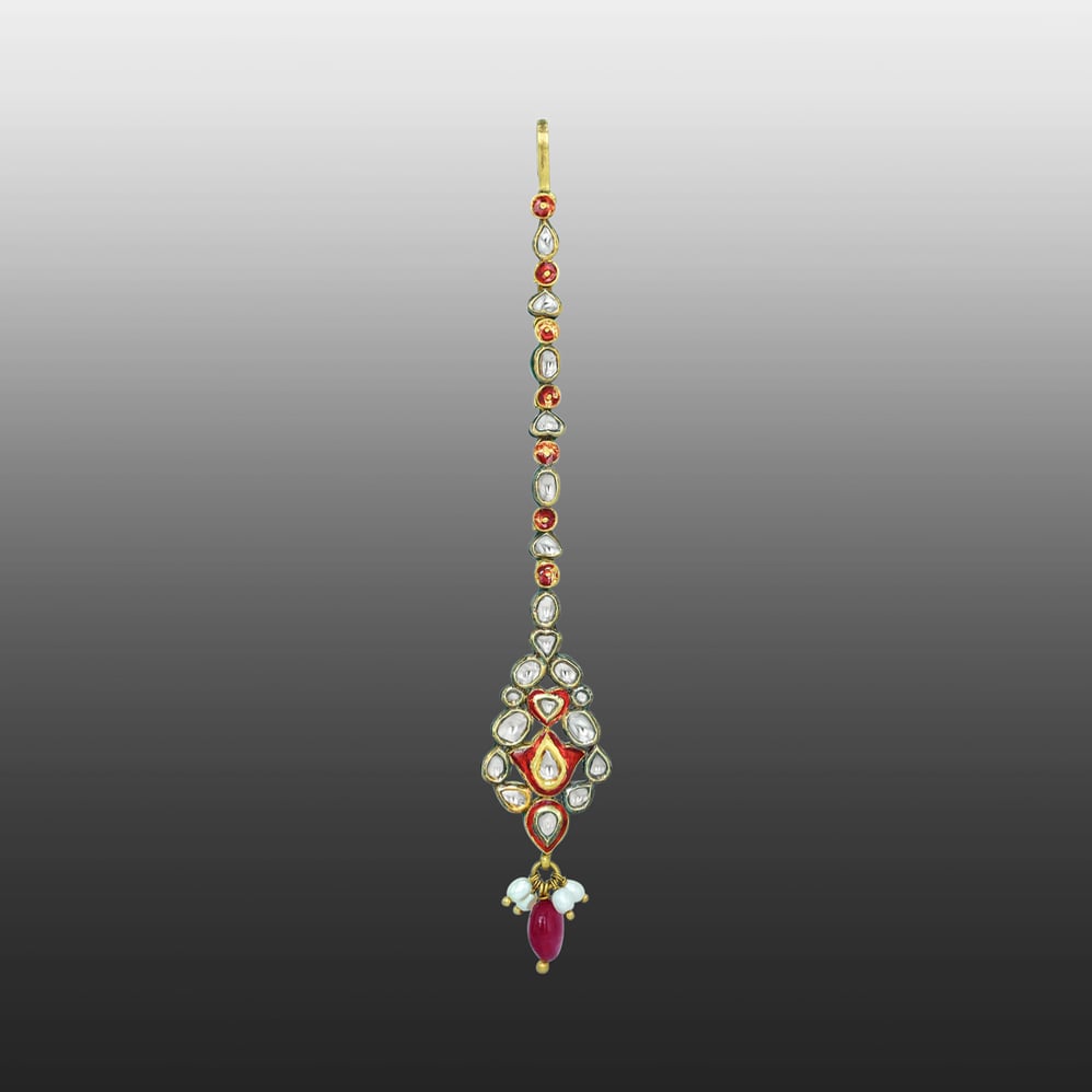 Red Enamel Polki Mangtikka with a Drop and Pearls